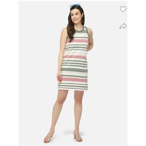 J Jill Women's Tank Dress Green Pink Striped Casual Preppy Lightweight Medium - Picture 5 of 12